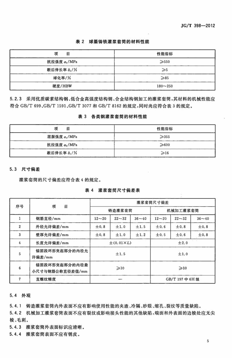 JGT398-2012鋼筋連接用灌漿套筒操作規(guī)范標準